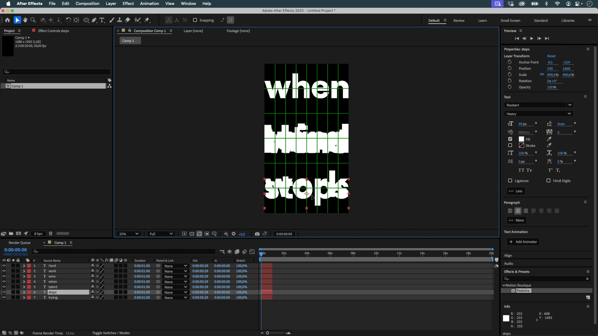 Center each layer’s anchor point on its content, stretch them to fit the comp width, and align them using the proportional grid